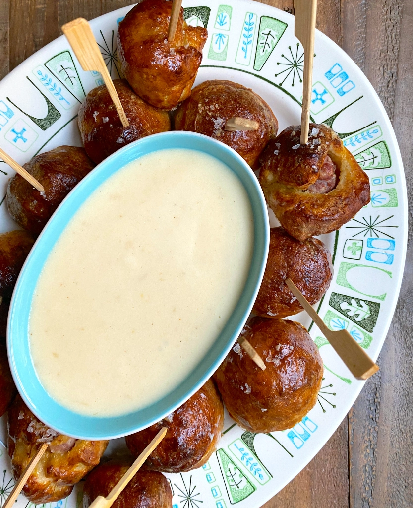 Pretzel-Wrapped Sausage Bites with Cheesy Beer Dip